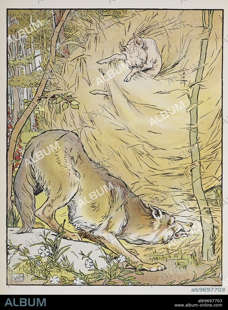 The Big Bad Wolf blows down the pig's house made of straw.