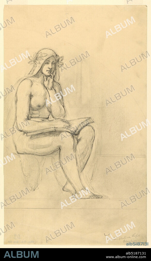 Nude Study for 'The Contemplative Life' for Lunette in the Administration Building, Oberlin College, Oberlin, OH, Kenyon Cox, American, 18561919, Graphite on cream laid paper, A nude female figure is seated at left, facing halfway to the right. She has an open book in her lap, and a draped covering with leaves on her head., USA, 1914, mural designs, Drawing, Drawing.