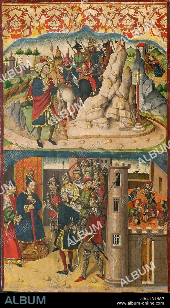 MARTIN DE SORIA. Saint Christopher Meets Satan; Saint Christopher before the King of Lycia. Martín de Soria; Spanish, active 1449-87. Date: 1450-1487. Dimensions: 156.2 x 92.1 cm (61 1/2 x 36 1/4 in.). Tempera with oil glazes on panel. Origin: Spain.