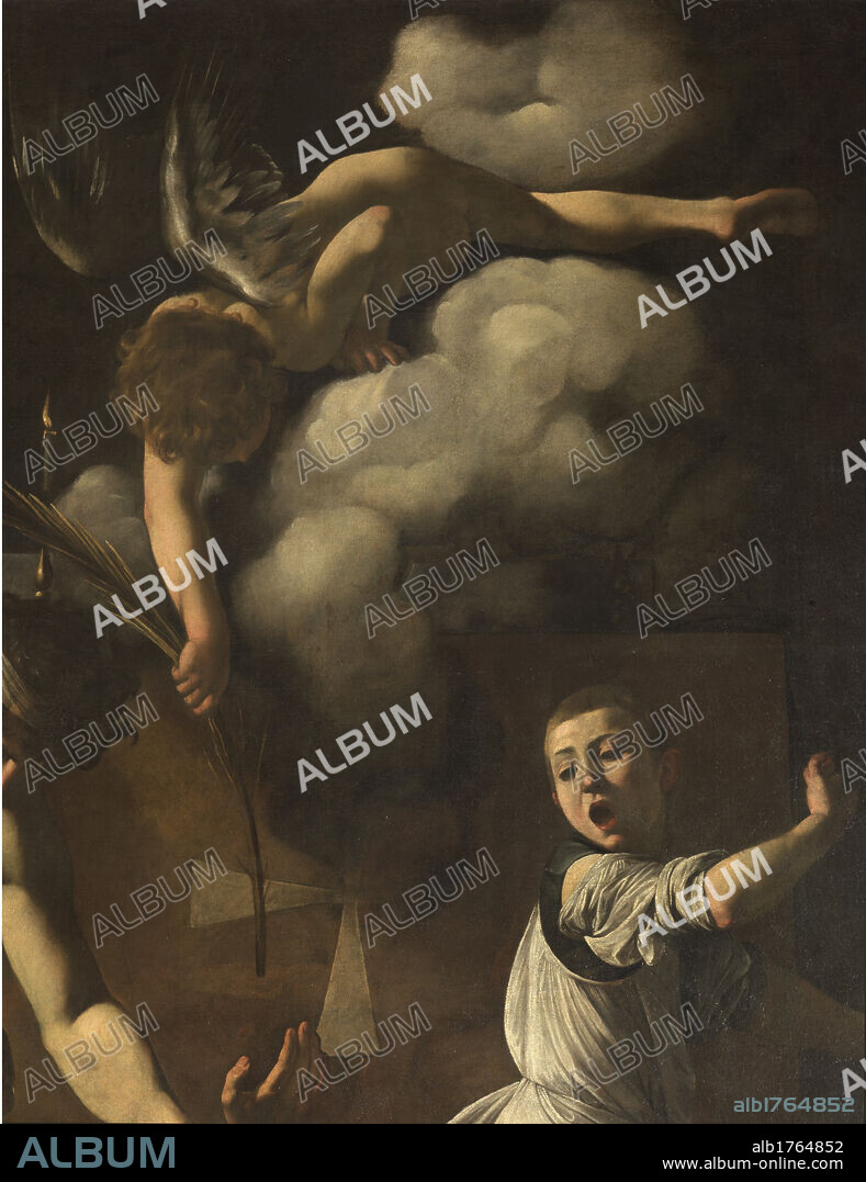 The Martyrdom of St. Matthew, by Michelangelo Merisi known as Caravaggio, 1599-1600, 16th Century, oil on canvas, cm 323 x 343. Italy, Lazio, Rome, San Luigi dei Francesi Church. Detail. Upset young man screaming child bust torsion cloud angel wings palm of martyrdom, photographic campaign 2009.