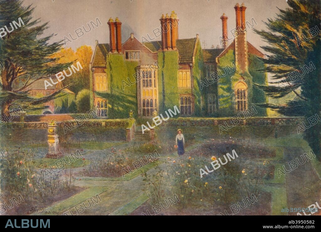 'Baynards, from the Rose Garden', 1911, (1914). Baynards Park is a 2,000 acre privately owned estate in Cranleigh and Ewhurst, Surrey. The early Tudor property located in Baynards Park occasionally hosted hunting parties for King Henry VIII (1491-1547). In 1587 the estate was bought by George More of Loseley (1553-1632), who replaced the Tudor property with an Elizabethan manor house. From A Pilgrimage In Surrey, Vol. 2, by James S. Ogilvy. [George Routledge & Sons Limited, London, 1914].