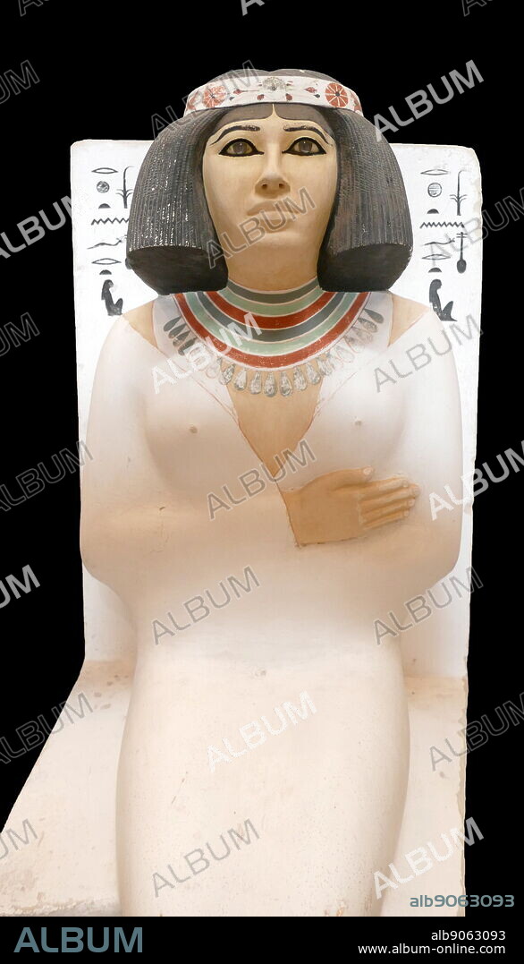 Painted limestone statue of Nofret. wife of Rahotep, a Prince in ancient Egypt, during the 4th dynasty. The statue was discovered in 1871 by Albert Daninos, an assistant to the French explorer and early archaeologist, Auguste Mariette. the burial in a Mastaba located near the pyramid of Meidum.