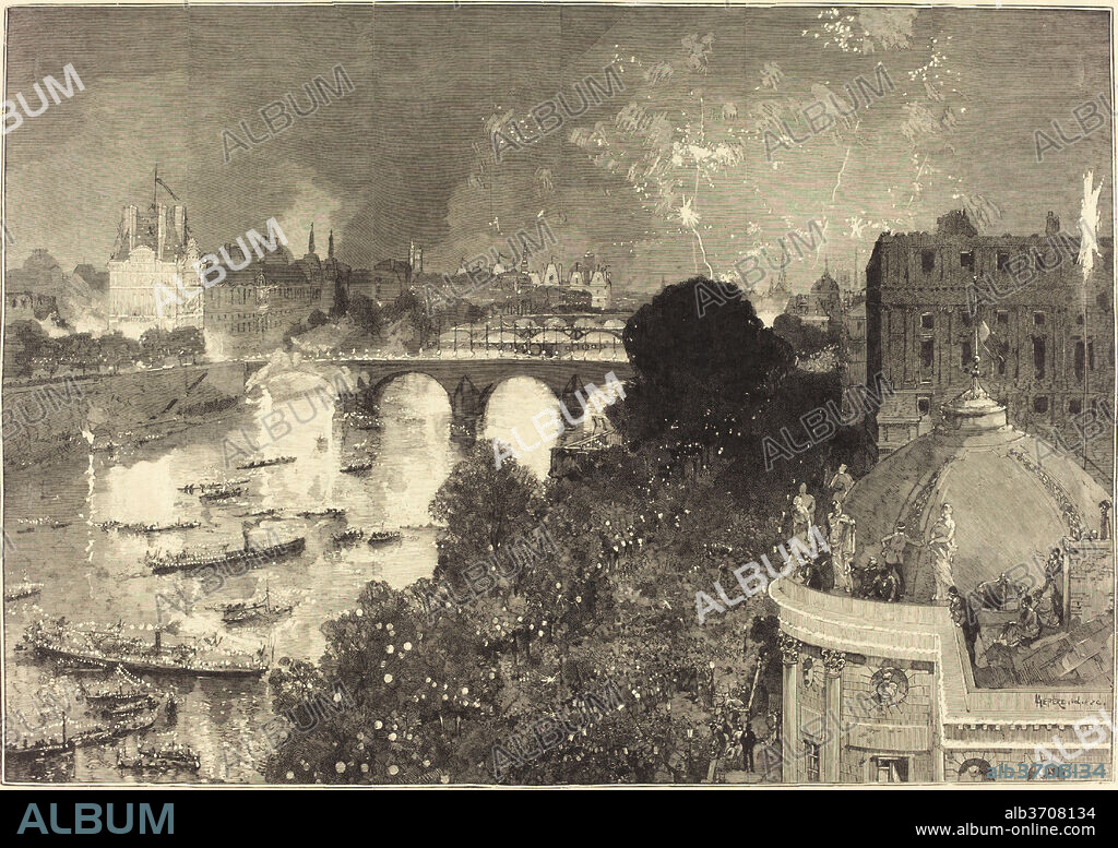 AUGUSTE LEPERE. Le 14 Juillet.  Illumination de la Seine du Pont Neuf au Pont au Change. Dated: 1882. Medium: wood engraving.