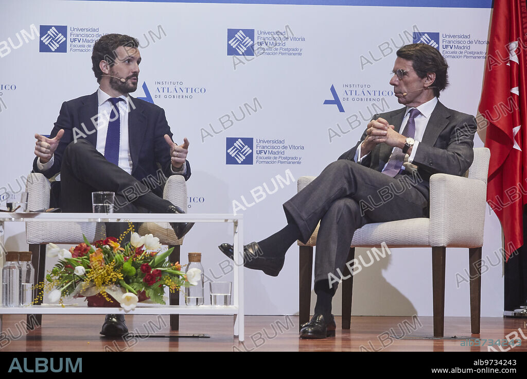 Pozuelo de Alarcón (Comunidad de Madrid), 28/01/2020. Aula magna de la Universidad Francisco de Vitoria. Encuentro de Pablo Casado y José María Aznar en el aula de liderazgo IADG-UFV. Foto: Guillermo Navarro. ARCHDC.