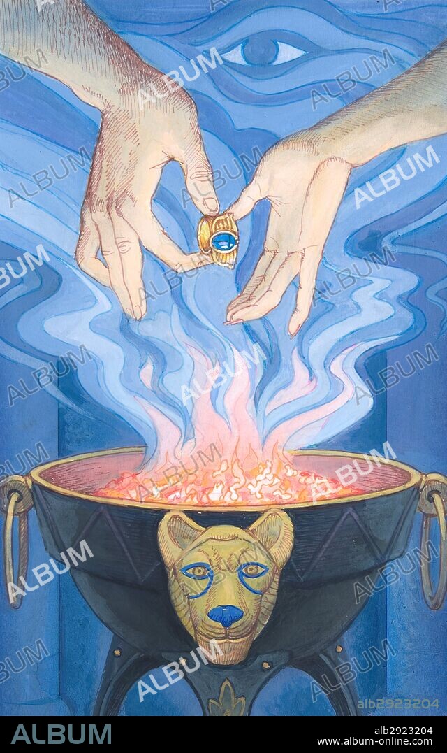 Ancient Egypt. Illustration Egyptian civilization. Enchantment and sorcery. Occult rituals of ancient Egypt. Omniscient eye, ring of wisdom and sacred fire. Priests developed a system of oracles to communicate the will of the gods directly to the people.
