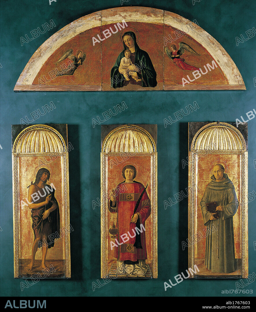 Triptych of St Lawrence, by co-workers and Gentile Bellini, Jacopo Bellini, Giovanni Bellini, 1460-1464, 15th Century, panel gold ground,. Italy, Veneto, Venice, Accademia Art Galleries. All. Polyptych three parts lunette Madonna Virgin Mary Baby Child Jesus angels panels saints St John the Baptist processional cross sackcloth St Lawrence censer palm leaf martyr St Anthony of Padua monks habit book gold background. Authorization required for non editorial use.