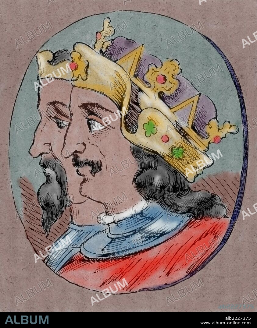 SANCHO III "el Deseado" (1133-1158). Rey de Castilla (115-1158). Hijo de Alfonso VII y de Berenguela. Murió prematuramente y dejó su reino a su hijo Alfonso VIII. Grabado coloreado.