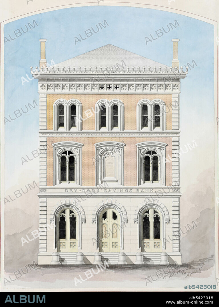 PETER BONNETT WIGHT. Dry Dock Savings Bank, New York City, New York, Competition Design Drawing, 1858.