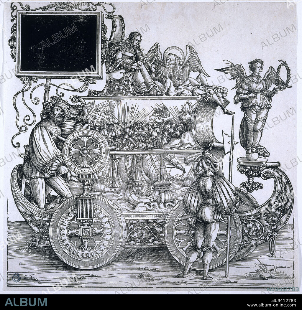 The Triumphal Procession of Emperor Maximilian I: A Chariot Representing a Vessel, a Battle and a Lion (Dornik-Eger 36, Bartsch 81), Burgkmair, Hans (the Elder), Author of the model, Dürer, Albrecht (workshop of '), Engraver, Between 1512 and 1519, 1st quarter of the 16th century, Print, Graphic arts, Original print, Dimensions - Work: Height: 38 cm, Width: 38.5 cm.