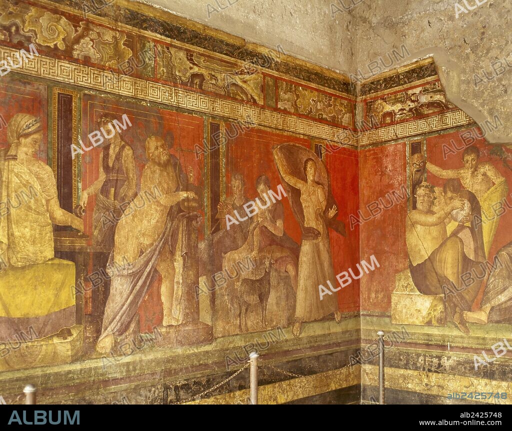 Italy, Pompeii. Villa of the Mysteries. Ancient Roman suburban Villa. Frescoes depicting a bride initiating into a Bacchian Mysteries in preparation for marriage, 1st century AD. Detail.