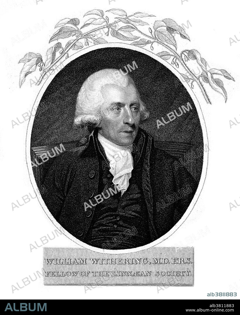 William Withering. Stipple engraving from 1801. William Withering (1741-1799) was an English botanist, geologist, chemist, physician and the discoverer of digitalis. Digitalis is a genus of about 20 species of herbaceous perennials, shrubs, and biennials commonly called foxgloves.