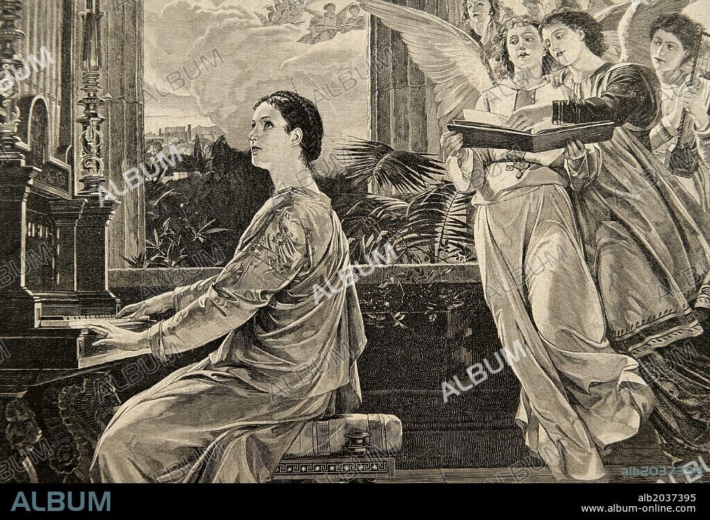 Saint Cecilia (d. 232). Roman virgin and martyr, patroness of musicians. Engraving by G. Heuer & Kirmse. The Evening. Illustrated Weekly, 1893.