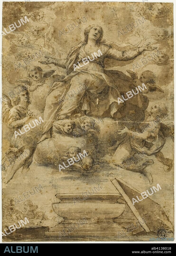 Assumption of the Virgin. School of Carlo Maratti; Italian, 1612-1666. Date: 1632-1700. Dimensions: 245 x 175 mm. Pen and brown ink, with brush and brown wash and black chalk, on ivory laid paper, laid down on ivory laid paper. Origin: Italy.