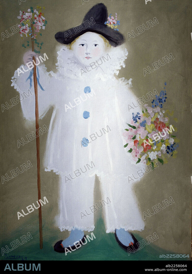PABLO PICASSO. PICASSO , PABLO RUIZ. PINTOR ESPAÑOL. MALAGA 1881 - 1973. " PEQUEÑO PIERROT CON FLORES " ( PARIS 12-07-1929). RETRATO DE PAUL , HIJO DEL ARTISTA. COLECCION JACQUELINE PICASSO.