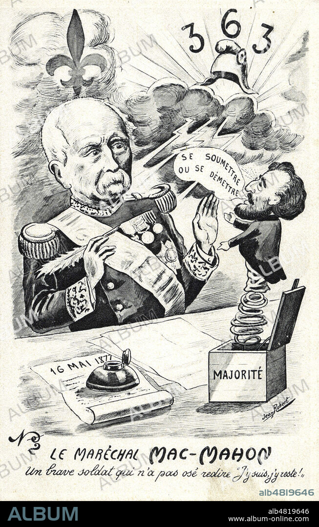 Le marechal MAC-MAHON un brave soldat qui n'a pas ose redire J'y suis j'y reste. (Leon GAMBETTA (1838-1882), en diable sortant de sa boite, lui dit Se soumettre ou se demettre). Caricature de JEAN-ROBERT pour une carte postale vers 1905. Credit : IM/Kharbine-Tapabor.