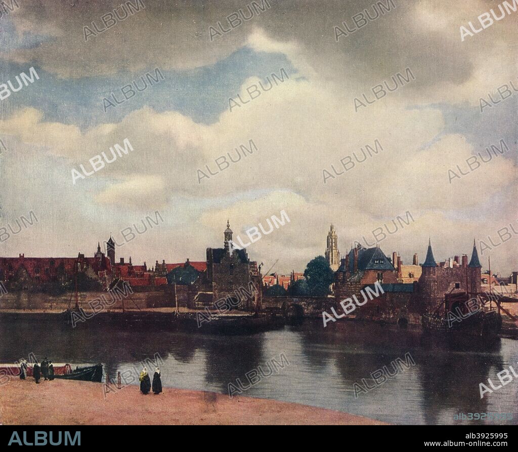 'View of Delft from the Rotterdam Canal', 1660-61, (1912). Painting of the Dutch artist's hometown is among his most popular, painted at a time when cityscapes were uncommon. OIl on canvas.  Johannes, Jan or Johan Vermeer (1632-1675).  From The Connoisseur Vol XXXIII. [ Otto Limited, London, 1912].
