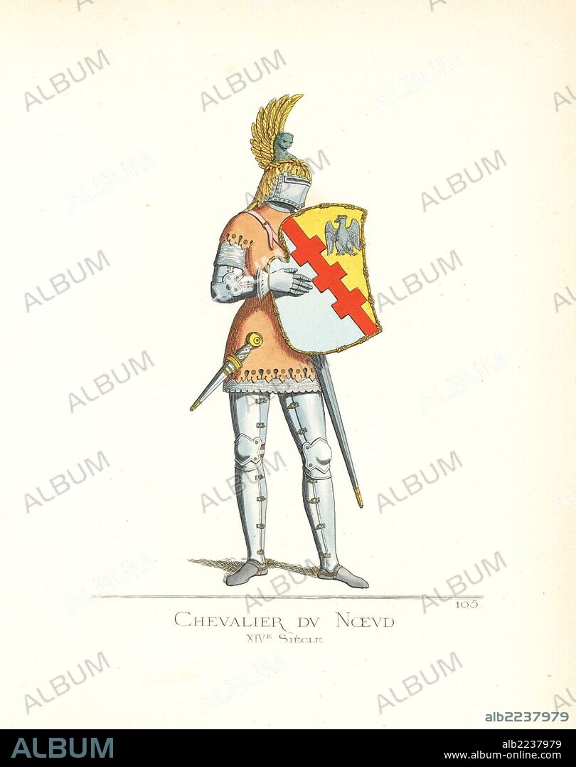 Knight of the short-lived Order of the Knot (Noeud), an order of chivalry founded in 1352 by Louis of Taranto, King of Naples. He wears a brown tabard, steel helm, suit of armour, gauntlets and spurs. The helm and edges of the shield are decorated with knots. From a sepulchral stone in the church of Saint Catherine, Pisa. Handcoloured illustration drawn and lithographed by Paul Mercuri with text by Camille Bonnard from "Historical Costumes from the 12th to 15th Centuries," Levy Fils, Paris, 1861.