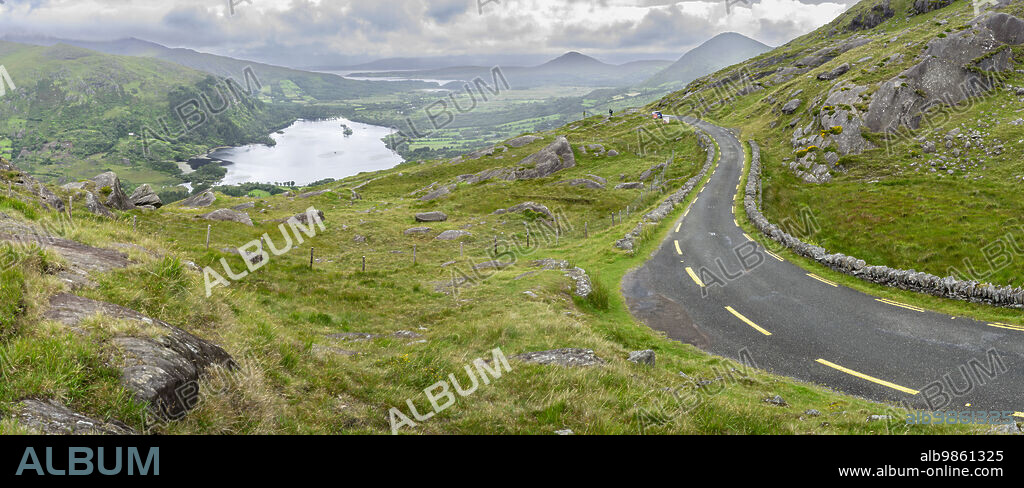 Healy Pass and Glanmore lake (R574) on the Beara peninsula, Ireland, United Kingdom.