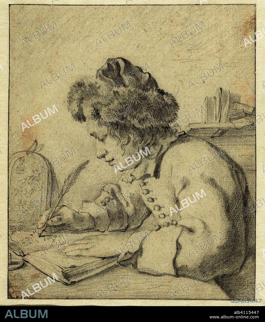 Young man with fur hat, writing in a book. Draughtsman: Constantijn Verhout. Intermediary draughtsman: Gabriël Metsu (rejected attribution). Dating: 1663 - 1667. Measurements: h 220 mm × w 184 mm.