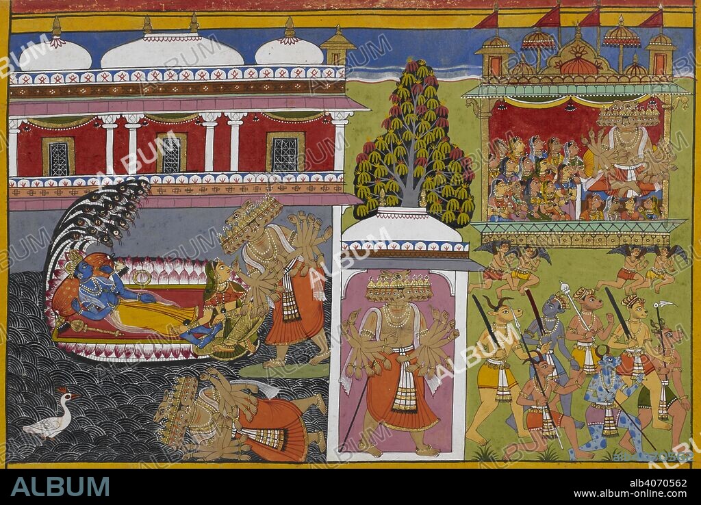 The mahapurusha has been depicted as Vishnu lying on his couch, the serpent, with Lakshmi at his feet. Ravana is shown falling down and then departing. He abducts hundreds of women in his puspaka chariot before he departs, depicted in the background. Ramayana. Udaipur, 1653.    . Source: Add. 15297(2), f.51. Language: Sanskrit.