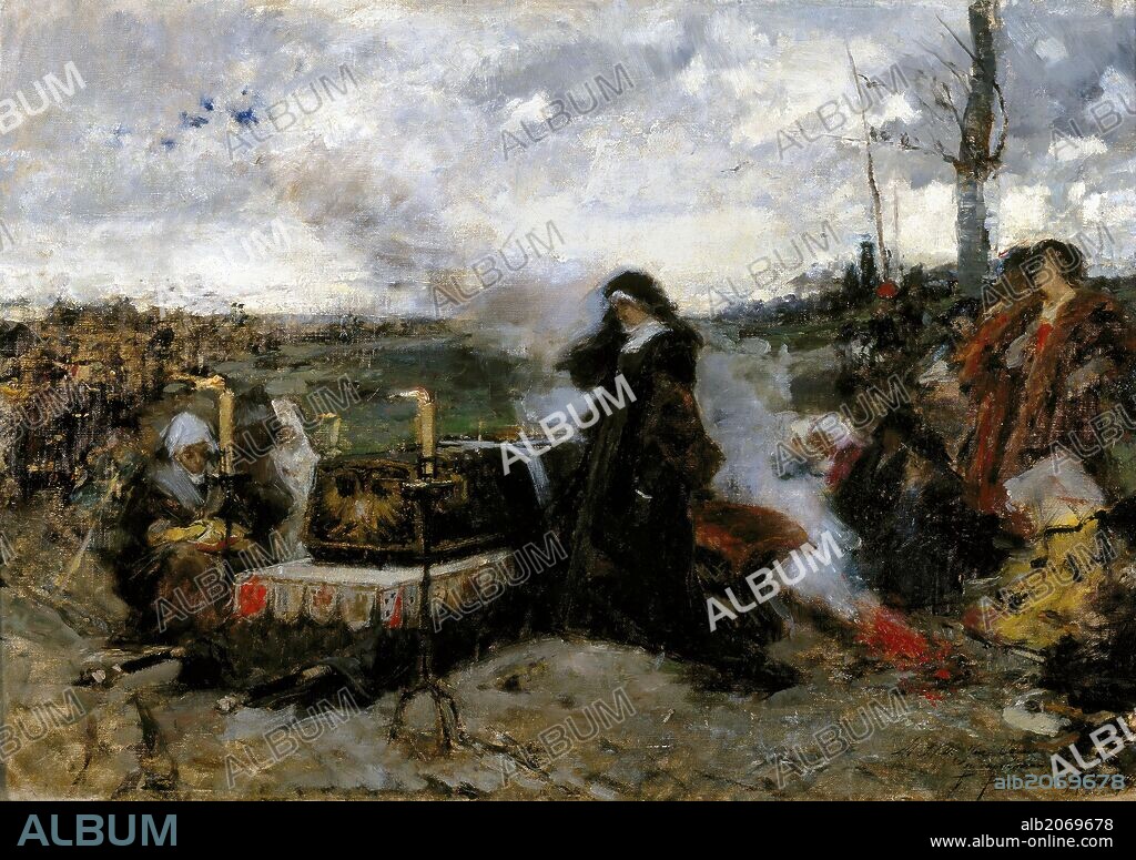 Francisco Pradilla y Ortiz / 'Doña Juana "la Loca" ante el sepulcro de su esposo, Felipe "el Hermoso"', 1877, Escuela Española, Óleo sobre Lienzo, 52 cm x 74,2 cm, P07797.