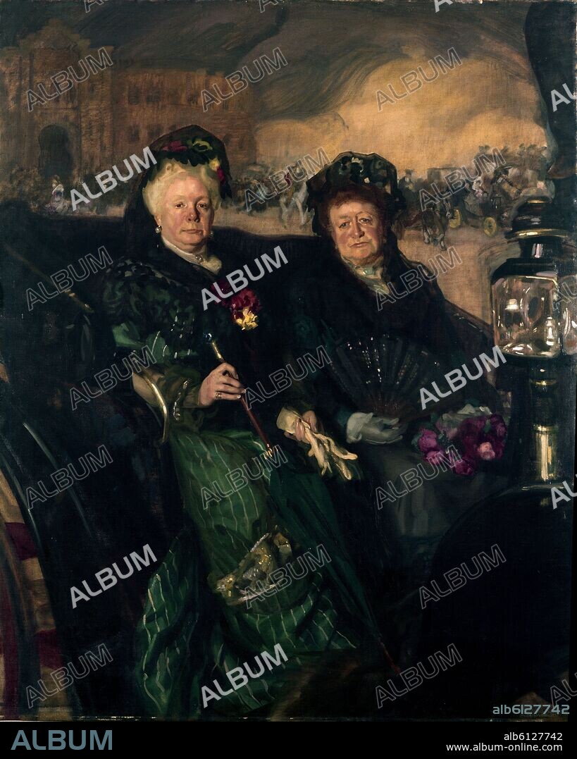 JOSE MARIA LOPEZ MEZQUITA (1883-1954). RETRATO DE INFANTA ISABEL DE BORBON (LA CHATA) HERMANA DE ALFONSO XII Y LA MARQUESA DE NAJERA A LA SALIDA DE LOS TOROS - 1915.