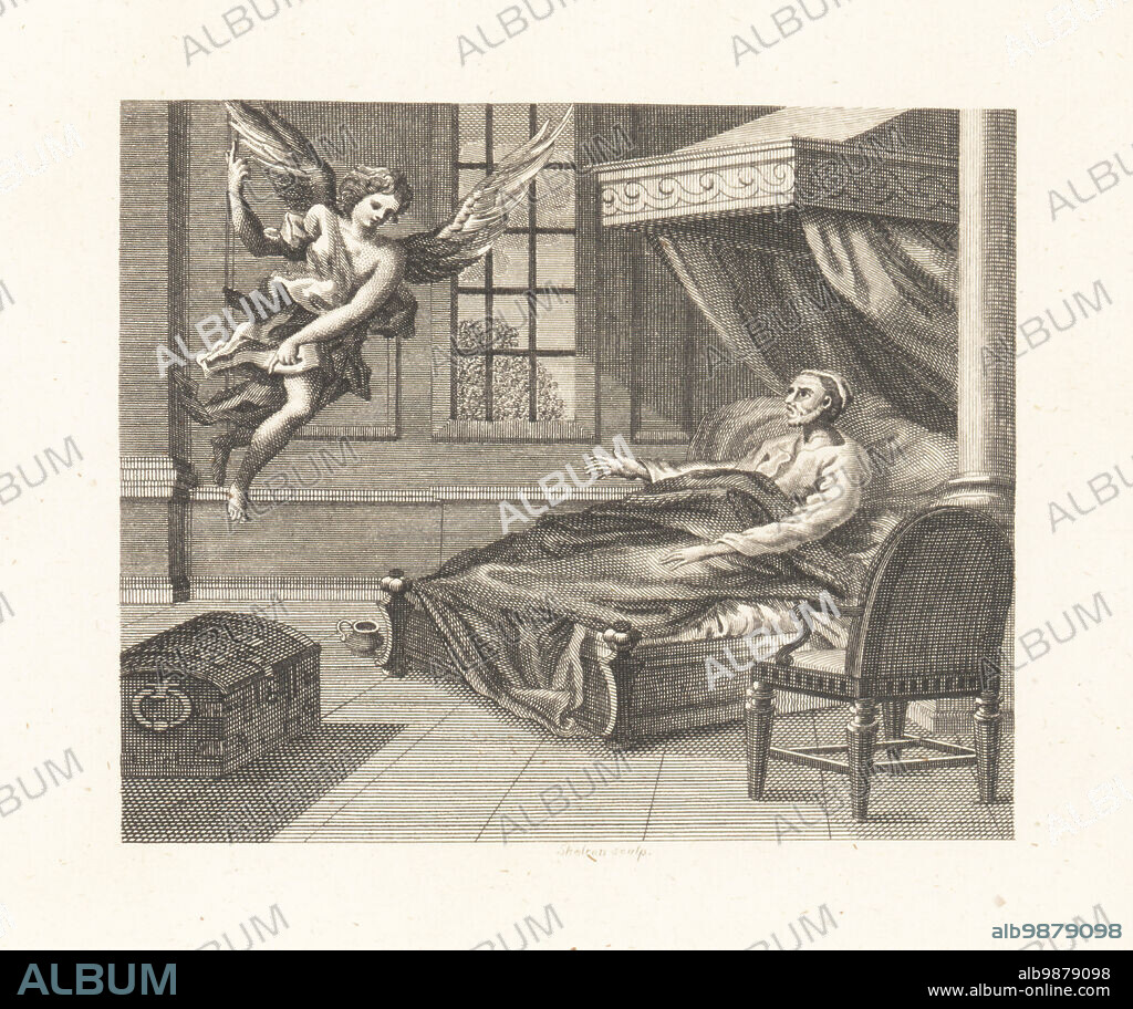 The Sick Man and the Angel. A dying man lies in a canopied bed pleading with an angel. The angel chides him for his greed and points to his treasure chest. Copperplate engraving by William Skelton after an illustration by John Wootton from Fables by John Gay, with a Life of the Author, John Stockdale, London, 1793.
