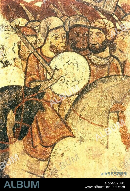MASTER OF THE CONQUEST OF MAJORCA. Iberische Halbinsel / Reconqista / Eroberung von Mallorca, der Hauptinsel der Balearen, durch König Jakob (Jaime) I. von Aragón 1229 (Viermonatige Belagerung bis zur Eroberung der Inselhauptstadt am 31. Dezember 1229. Ende der islamischen Herrschaft der Almohaden unter dem Statthalter Abu Yahia) / Schlacht bei Portopí (Sierre de Na Burguesa), 12. September 1229. - Die Schlacht bei Portopí; Ausschnitt: Mauren in der Schlacht. - (Mallorca) 1229: Mauren in der Schlacht. - Wandmalerei, katalanisch, Meister der Eroberung Mallorcas, um 1285/90. Aus einem Zyklus mit Szenen der Eroberung Mallorcas. Aus dem Palacio Berenguer d'Aguilar, Calle de Moncada, Barcelona. Fresko, auf Leinwand übertragen. Barcelona, Museu d'Art de Catalunya.