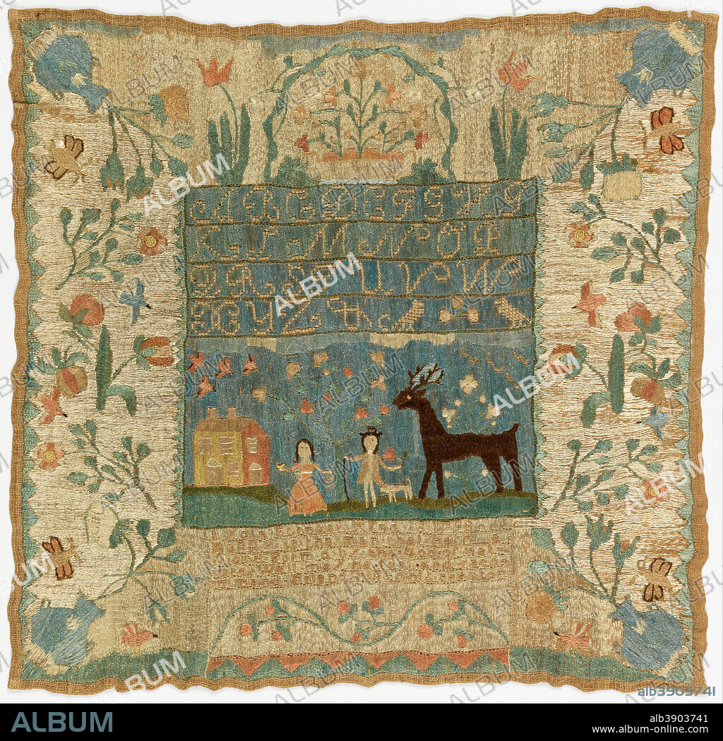 LYDIA STOCKER. Sampler. Date/Period: 1798. Sampler. Medium: silk embroidery on linen foundation. Technique: embroidered in cross, stem, satin, running and overcasting stitches on plain weave foundation.