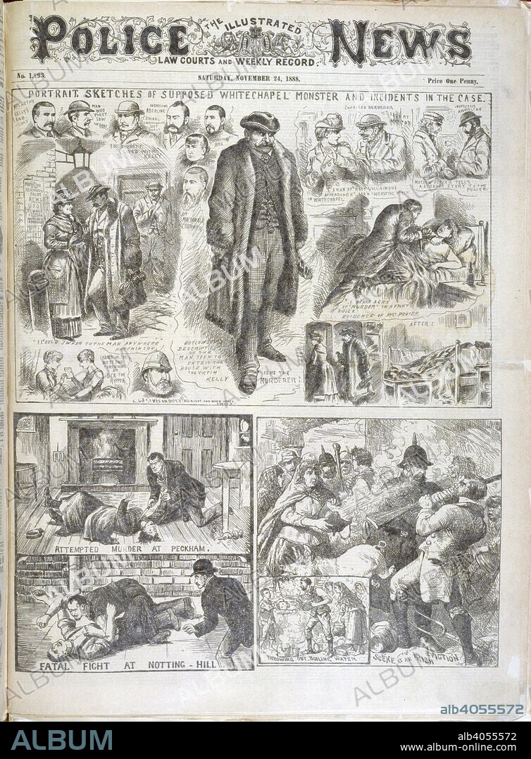 The Whitechapel monster.  'Portrait sketches of supposed Whitechapel monster and incidents in the case'. Illustrations made during the time of the Whitechapel of 'Jack the Ripper' murders. The Illustrated Police News. Law courts and weekly record. London, November 24, 1888. Portrait sketches of supposed Whitechapel monster and incidents in the case'. Illustrations made during the time of the Whitechapel of 'Jack the Ripper' murders.  Image taken from The Illustrated Police News. Law courts and weekly record.  Originally published/produced in London, November 24, 1888. . Source: Colindale, front page. number 1,293. Language: English.