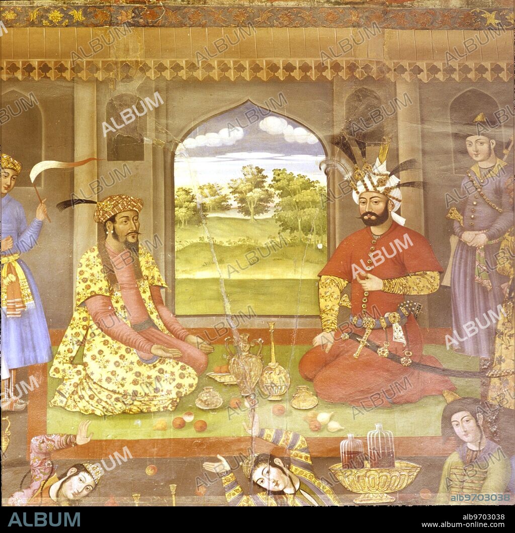 Image No. IR92HA17. Mural painting. Chehel Sotoun, Isfahan, palace built by Shah Abbas II, Persia/Iran. 17th century. Shah Tahmasp I (right) Mughal ambassador at a reception in the palace.