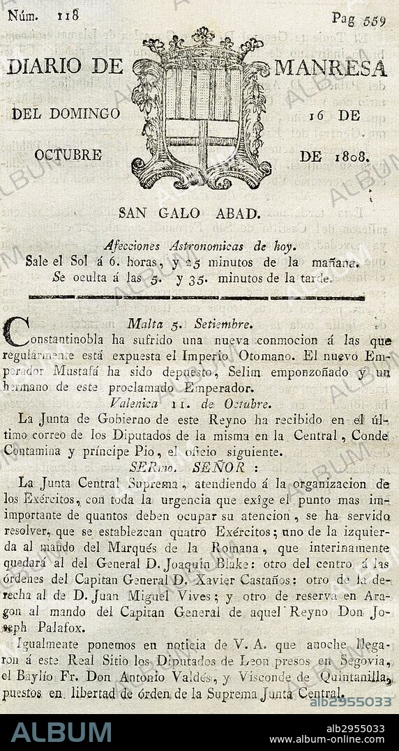 PRENSA ESPAÑOLA. CATALUÑA. SIGLO XIX. "DIARIO DE MANRESA". Número 118 (Domingo 16 de octubre del año 1808). Impreso en Manresa (provincia de Barcelona, comarca del Bages, Cataluña) .