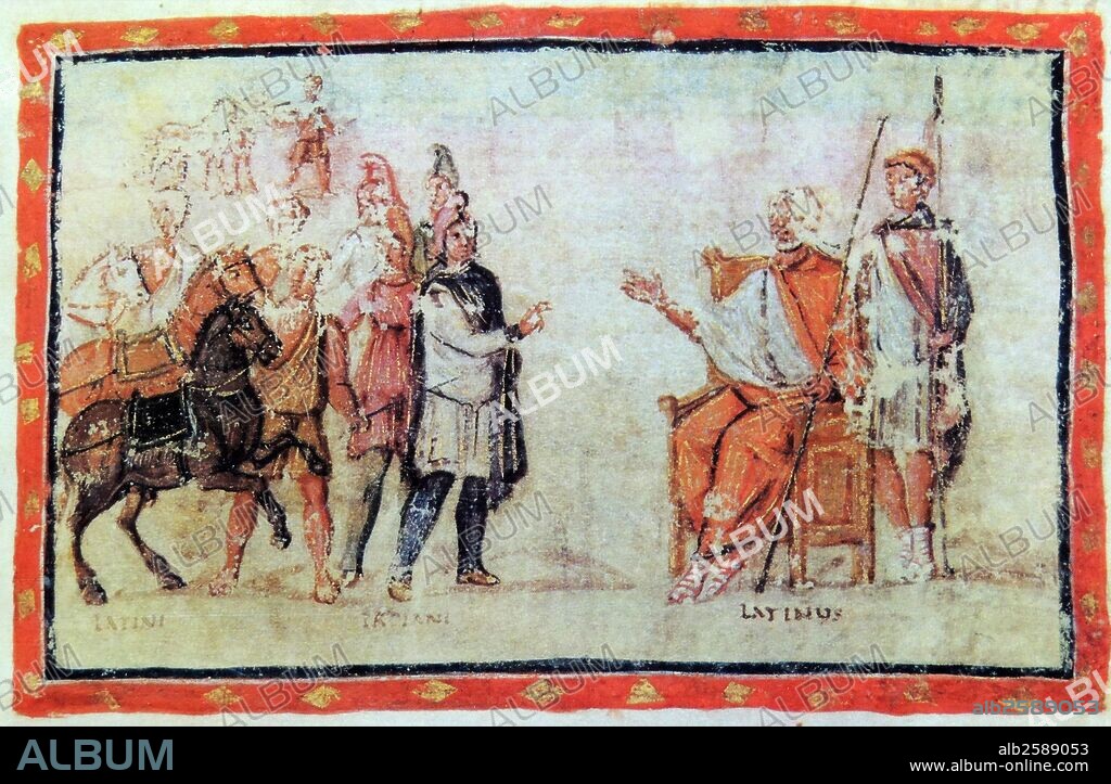 Part of a manuscript from the 4th Century depicting Aeneas is received by King Latinus in Italy. After much bitterness and war he marries Lavinia, Latinus' daughter, and rules over what was to become Rome. Dated 4th Century.