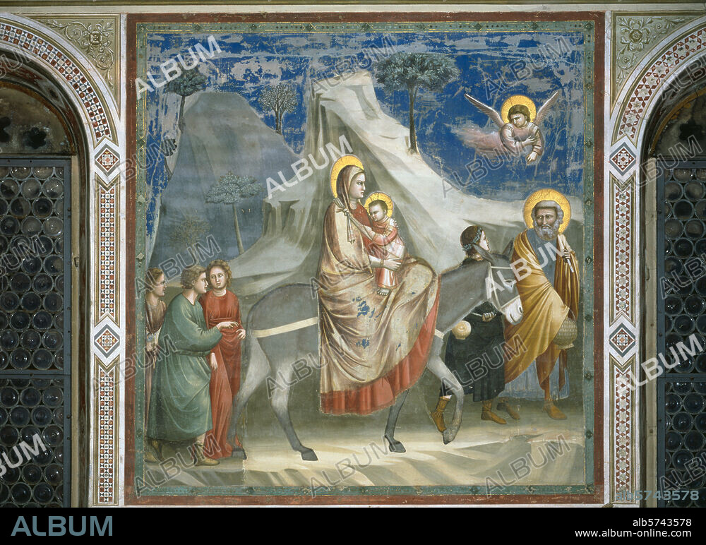 Giotto di Bondone um 1266-1337. "Die Flucht nach Ägypten", um 1303/05. Fresko, ca. 185 × 200 cm. Aus dem Zyklus mit Szenen aus dem Leben Mariä und Christi. Padua, Arenakapelle (Cappella degli Scrovegni), rechte Wand, mittlere Reihe, 4. Bild.