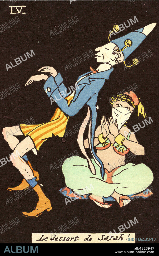 'Le dessert de Sahara' : l'Empereur danse devant une femme arabe. Caricature de Jacques Ier Labaudy (1868-1919), serie sur sa rencontre avec une femme musulmane. Carte postale vers 1903. Illustration par Fernel (1872-1934). Credit : IM/KHARBINE-TAPABOR.