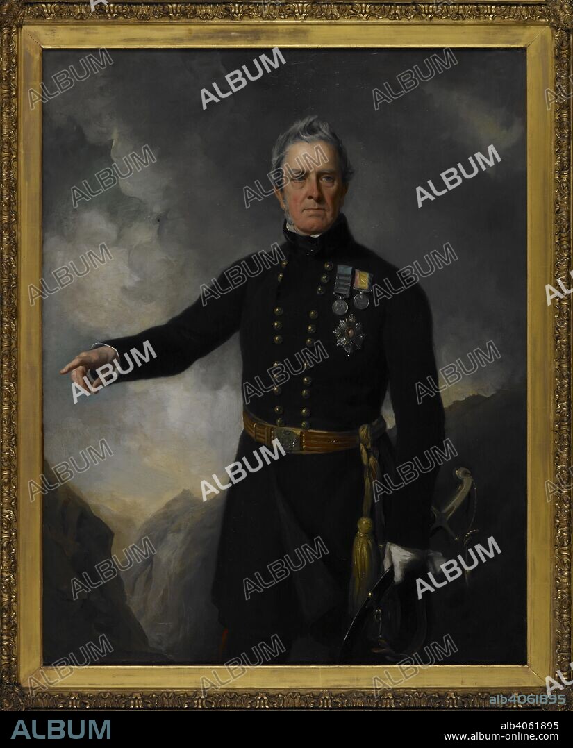 SIR FRANCIS GRANT. Lieutenant-General Sir George Pollock, G.C.B. (1786-1872), 1856. First Afghan War hero. Relieved Sale at Jalalabad and captured Kabul. A three-quarter length portrait, bareheaded, the body turned slightly towards the left, right arm raised. He wears a dark blue uniform with gilt buttons and belt; on his breast are the Star of the Bath, the India general service medal with four clasps, and the Kabul medal. A range of mountains in the background. 1856. Oil painting. 56 by 44 ins (142 by 112 cms). Source: Foster 139.
