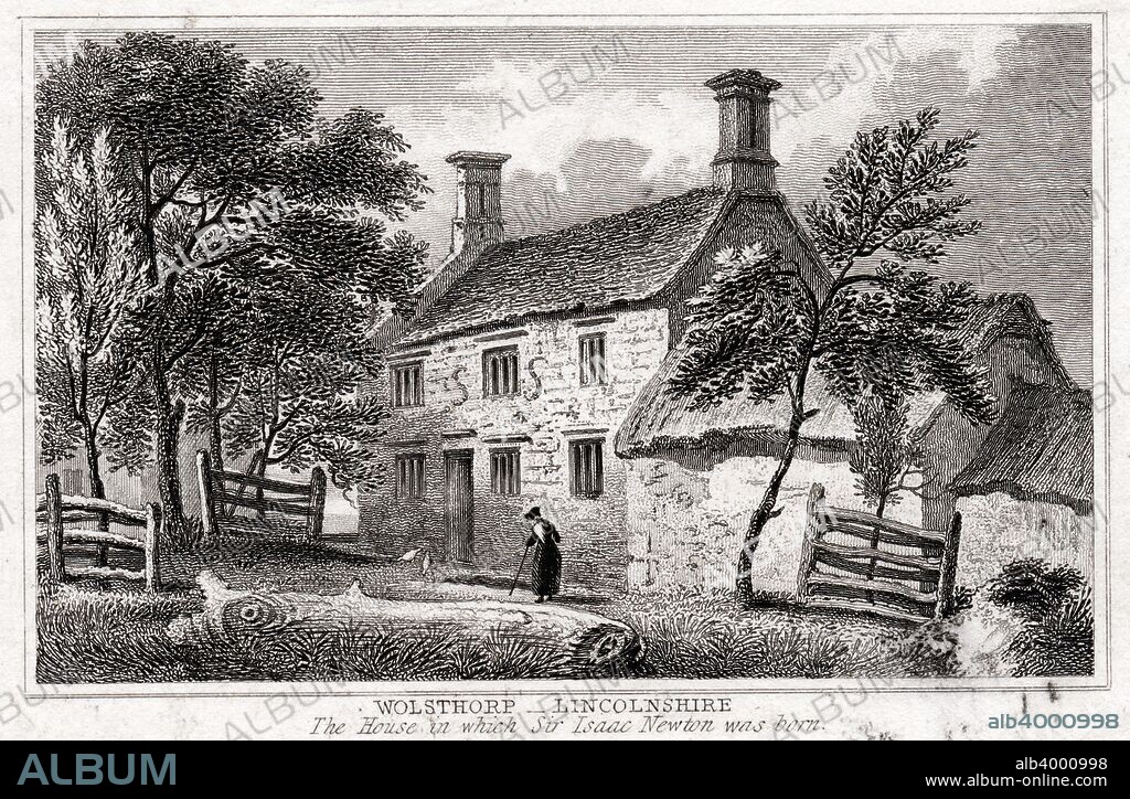 Woolsthorpe Manor, near Grantham, Lincolnshire, birthplace of Sir Isaac Newton, early 19th century. English scientist and mathematician Isaac Newton's (1642-1727) discoveries were prolific and exerted a huge influence on science and thought. His theories of gravity and his three laws of motion were outlined in his greatest work, Philosophiae Naturalis Principia Mathematica, (1687) and he is credited with discovering differential calculus. He also formulated theories regarding optics and the nature of light that led to him building the first reflecting telescope. Knighted by Queen Anne in 1705, Newton is buried in Westminster Abbey, London.