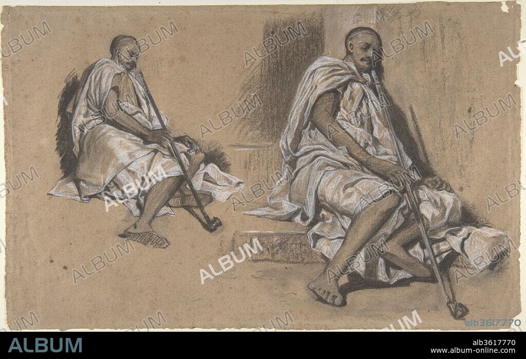 Two Studies of a Seated Arab with a Pipe. Artist: Alexandre-Gabriel Decamps (French, Paris 1803-1860 Fontainebleau). Dimensions: Sheet: 11 5/8 x 18 1/2 in. (29.5 x 47cm). Date: 1820-60.
Decamps--a prosperous painter, draftsman, and printmaker--was one of the first major European artists to travel extensively in the Near East. As he toured throughout North Africa and Asia Minor in 1828, he developed an interest in Orientalist themes. In this drawing, he used chalks and charcoal to draw two bold studies of the same seated Arab man with a pipe. The figures' stillness and variation in scale encourage the viewer to imagine the artist's voyage and his experience as he approaches or distances himself from the weary man.