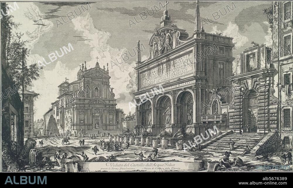 Rom (Italien), Fontana dell'Acqua Felice (del Mose), (1587-88 von Dom. Fontana). "Veduta del Castello dell'Acqua Felice". Radierung, 1751, von Giovanni Battista Piranesi (1720-1778). Blatt 54 der Folge: Vedute di Roma.