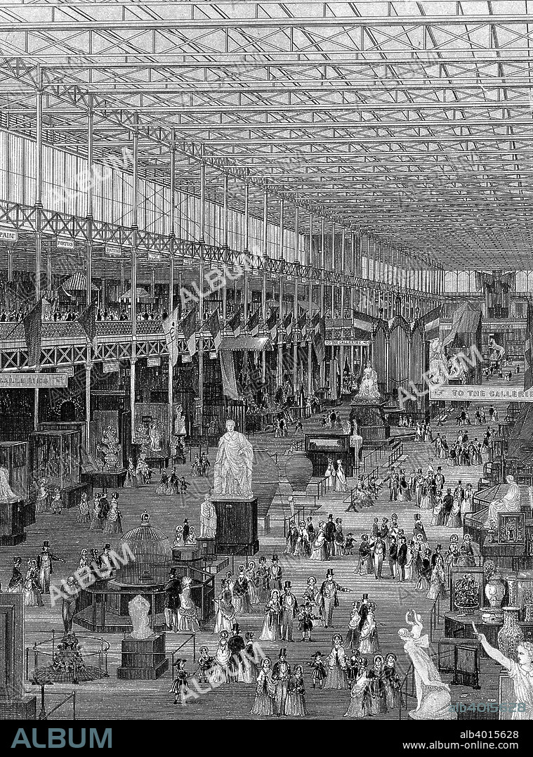Great Exhibition in the Crystal Palace, Hyde Park, London, 1851. An interior view of the main avenue looking eastwards, showing galleries supported by iron columns rising to ridge-and-furrow glass roof. Conceived by Prince Albert, the Great Exhibition was intended to showcase the 'Works of the Industry of all Nations'. It was housed in the purpose-built Crystal Palace, the first large-scale prefabricated ferrovitreous (iron and glass) structure, designed by the gardener and architect Joseph Paxton. The prefabricated design made the construction, and later dismantling of the building, easier and quicker.