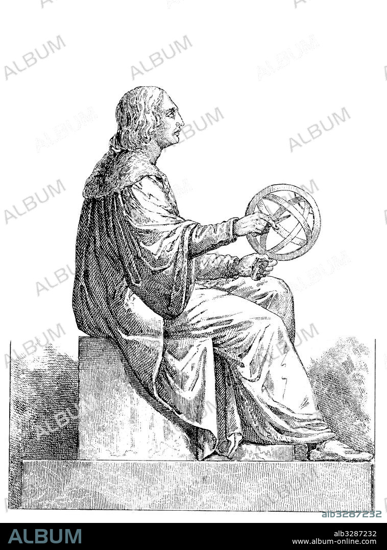 Polonia. Escultura de Nicolás Copérnico (1473-1543) en Varsovia. Astrónomo polaco del Renacimiento que formuló la teoría heliocéntrica del sistema solar, sujetando un astrolabio. Grabado de 1850.