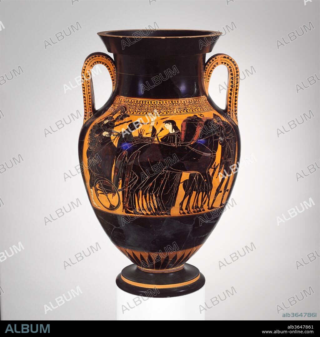 Terracotta amphora (jar). Culture: Greek, Attic. Dimensions: H. 23 1/4 in. (59.1 cm); diameter 14 5/8 in. (37.2 cm). Date: ca. 510 B.C..
Obverse, Athena and Herakles in chariot with gods
Reverse, Dionysos, Artemis, Apollo, Leto, Hermes
The equilibrium achieved in late black-figure amphorae is well represented by this work. There is a balance between light and dark in the areas of glaze and reserve as well as within the panels. The ivy and lotus-palmette ornaments embellish the upper part of the vase, while the zone of rays emphasizes the bottom of the body. The stateliness in the representation is most appropriate to the subject of Herakles' introduction into Mount Olympos.