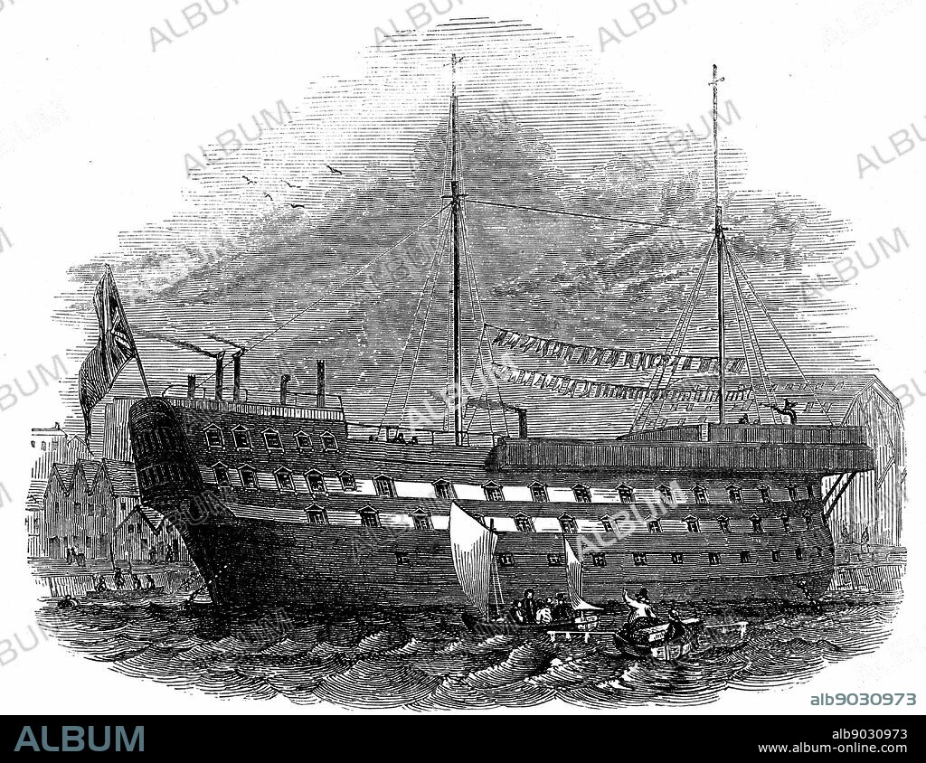 Prison Hulks: Convict hulk 'Warrior' at Woolwich. This hulk held 600 and was an intermediate confinement between an ordinary gaol or transportation. Prisoners were used as labourers in the naval dockyards Hulks (Tenders) were usually old naval vessels that were no longer seaworthy. From 'The Illustrated London News', 1848. Wood engraving.