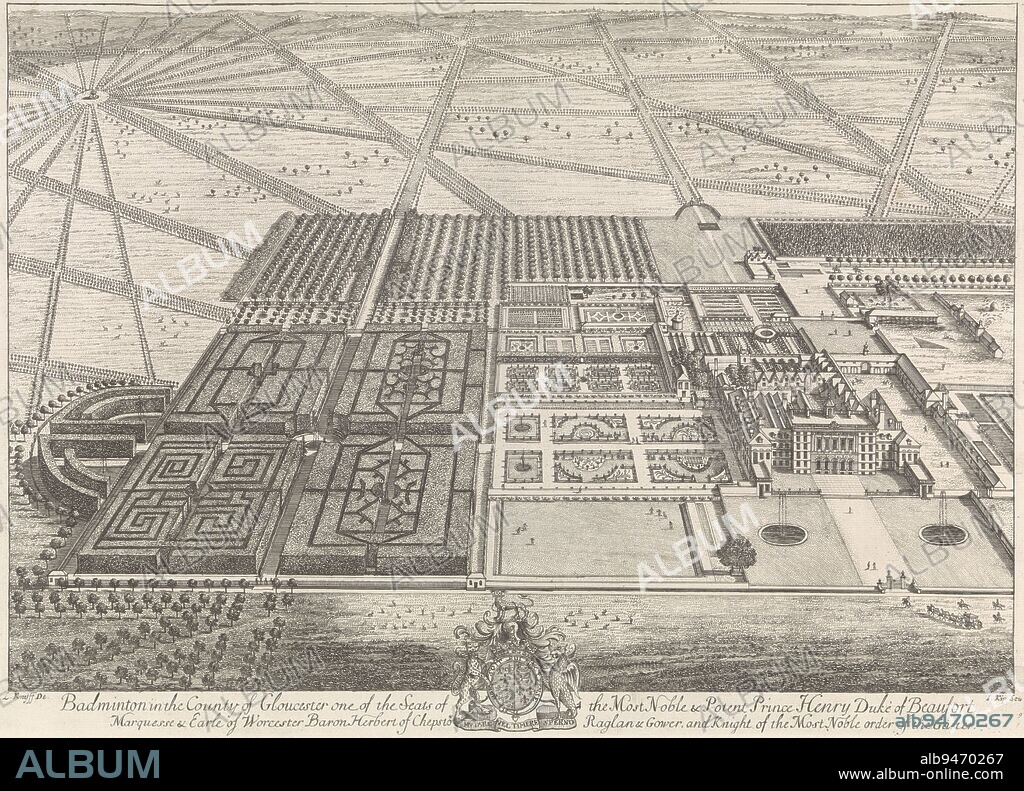 Bird's eye view of the 'Badminton' estate of the Duke of Beaufort, with the castle in the foreground on the right and the gardens on the left. A carriage with six horses arrives at the gate. In the margin the title and coat of arms of the duke. The print is part of a series of palatial castles in England, Badminton in the Country of Gloucester one of the Seats of the Most Noble & Potent Prince Henry Duke of Beaufort, Marquesse & Earle of Worcester, Britannia Illustrata (title series)., print maker: Johannes Kip, (mentioned on object), intermediary draughtsman: Leonard Knijff, (mentioned on object), 1709, paper, etching, engraving, h 355 mm × w 490 mm.