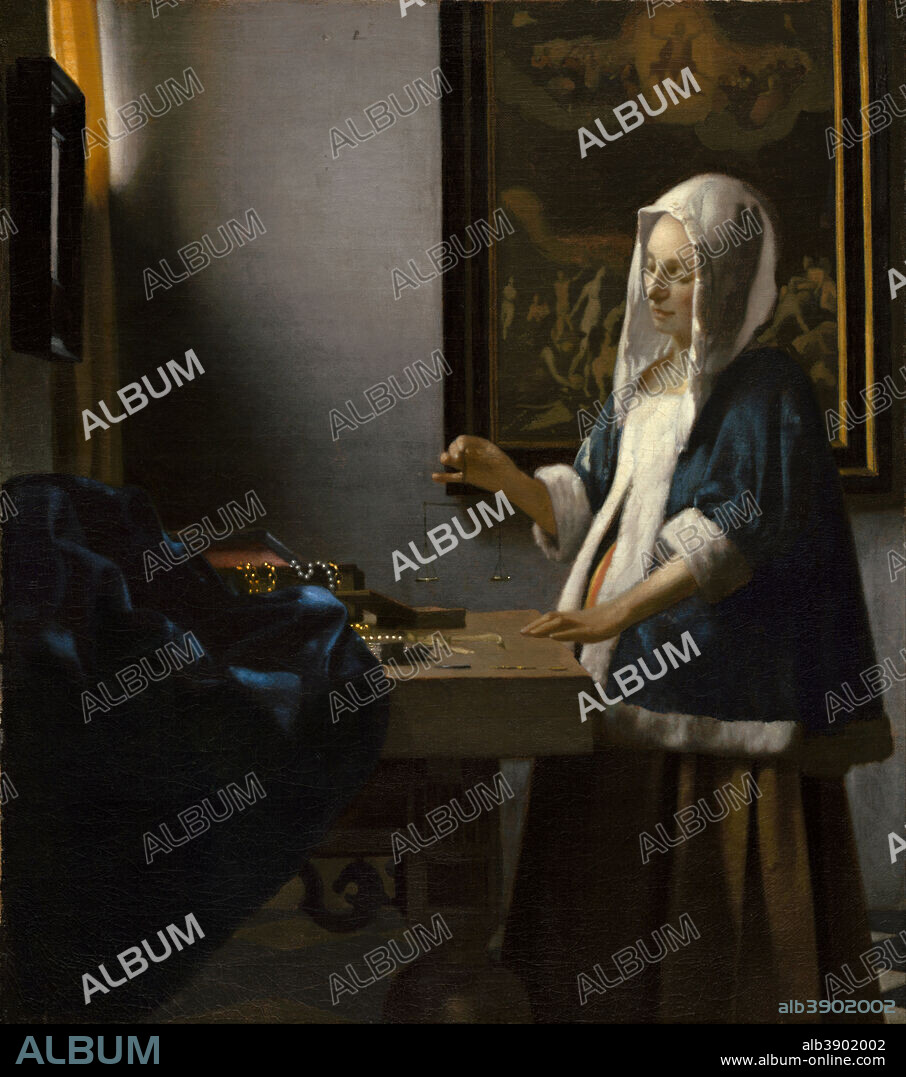 JAN VERMEER. Woman Holding a Balance. Date/Period: Ca. 1664. Painting. Oil on canvas. Height: 397 mm (15.62 in); Width: 355 mm (13.97 in).