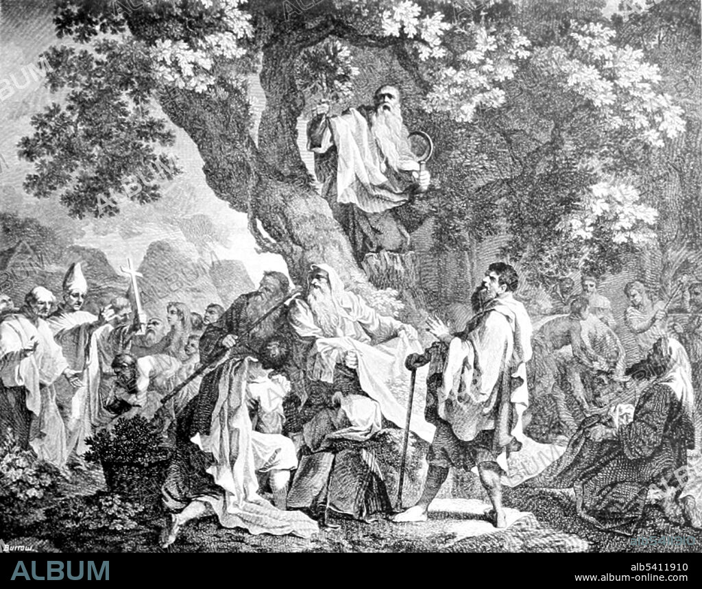 The ritual of oak and mistletoe is a Celtic religious ceremony, in which white-clad druids climbed a sacred oak, cut down the mistletoe growing on it, sacrificed two white bulls and used the mistletoe to make an elixir to cure infertility and the effects of poison. The ritual, known from a single passage in Pliny's Natural History, has helped shape the image of the druid in the popular imagination. Engraving by Simon Francois Ravenet entitled: The Druids, or the Conversion of the Britons to Christianity. Image taken from Druidism: The Ancient Faith of Britain by Dudley Wright, 1924 (cropped and cleaned).