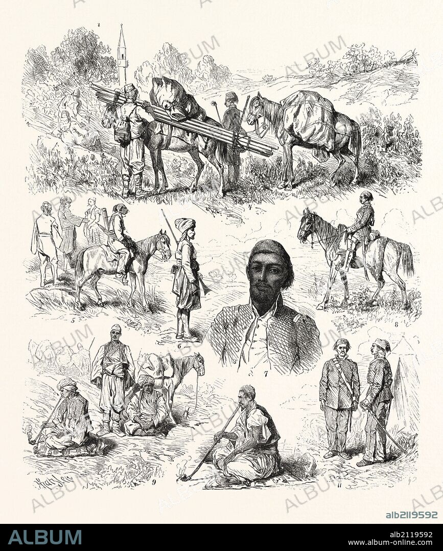WAR IN THE EAST, TYPES OF TURKISH SOLDIERY, I.—Rayah. 2.—Soldiers of the Military Train. 3.— Escort. 4,—Conveying Tents. 5 —Officers' Servant 3. 6 —Gendarmerie, or Zaptichs. 7. –lmaun of a Battalion, ENGRAVING 1876.