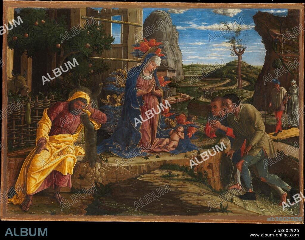 The Adoration of the Shepherds. Artist: Andrea Mantegna (Italian, Isola di Carturo 1430/31-1506 Mantua). Dimensions: Overall 15 3/4 x 21 7/8 in. (40 x 55.6 cm); painted surface 14 7/8 x 21 in. (37.8 x 53.3 cm). Date: shortly after 1450.
Painted when the artist was probably in his early twenties, the picture is notable for its exquisite detail. It may have been commissioned by Borso d'Este, the duke of Ferrara, and its style seems to be a response to the vogue there for Netherlandish painting. Ahough transferred from wood to canvas, the painting is in excellent condition.