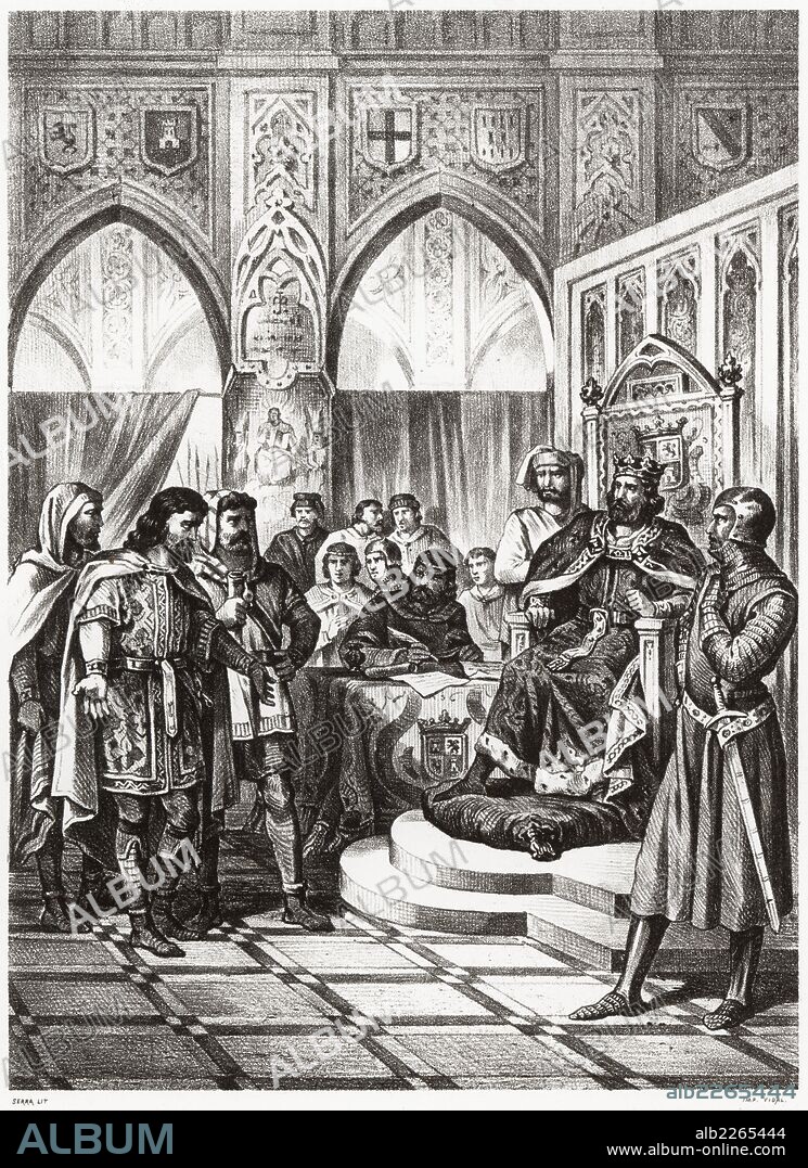Historia de España. El rey Alfonso X el Sabio de Castilla (1221-1284) recibiendo en Soria al embajador de Pisa en 1256, que le ofrece su apoyo para ser candidato al título de Emperador. Grabado de 1872.