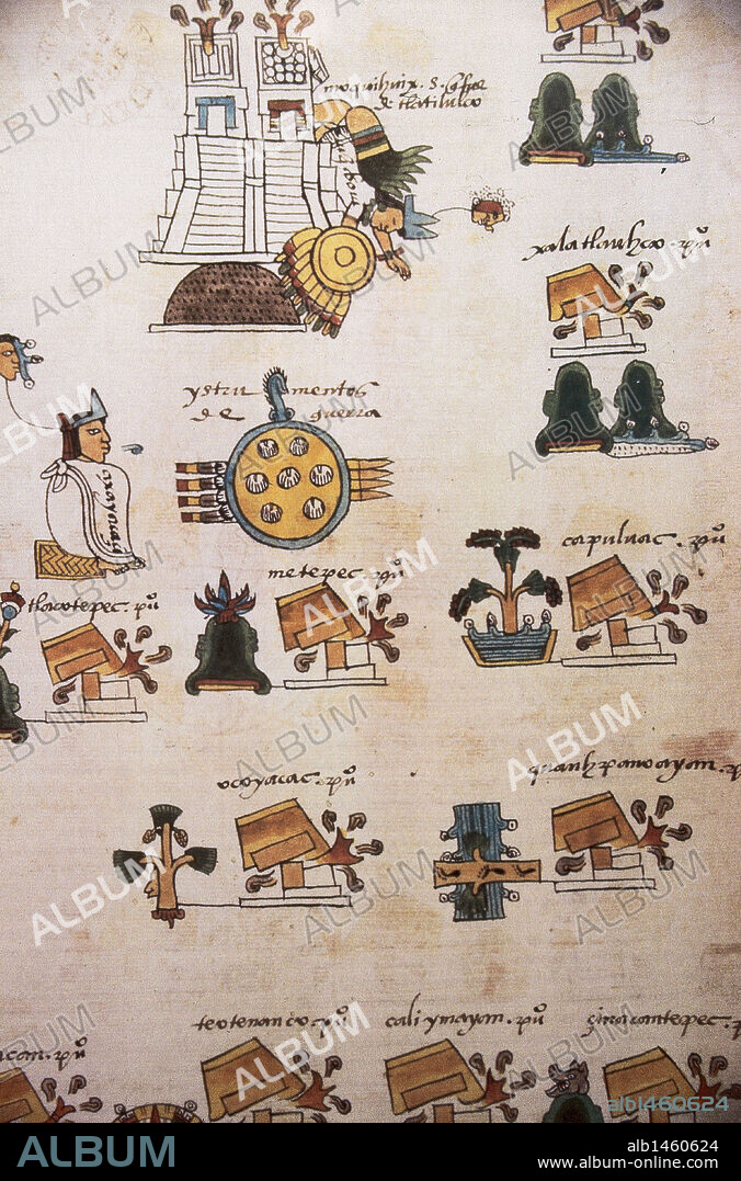 ARTE PRECOLOMBINO. AZTECA. CODICE MENDOZA. Representación de las conquistas del Soberano AXAYACATL (1468-1481). Biblioteca Bodleiana. Oxford. Inglaterra. Reino Unido.